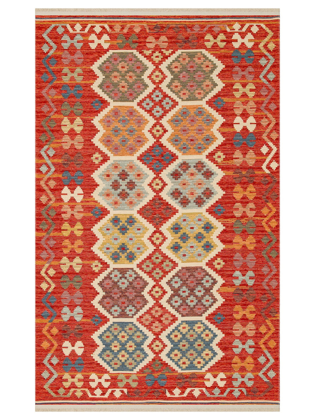 Rota Yıkanabilir, Çift Taraflı Kullanıma Uygun Yumuşak Tuşeli Otantik Kilim 03 RED - Carpetdocia