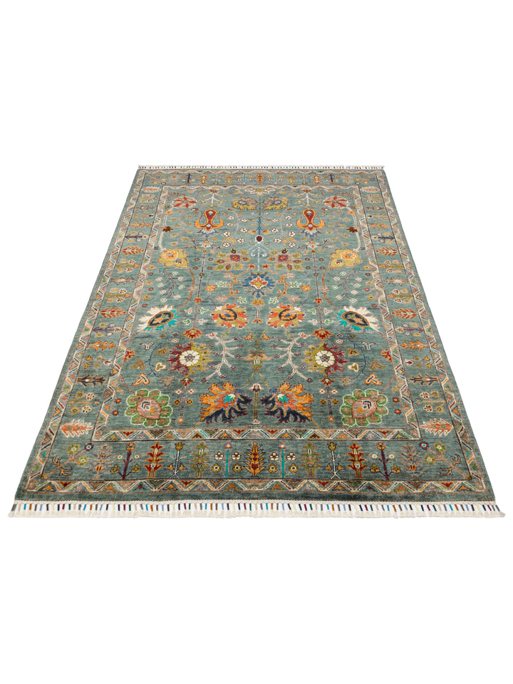 El dokuma Afgan halı yeşil bitkisel desen 154 x 208 cm stüdyo