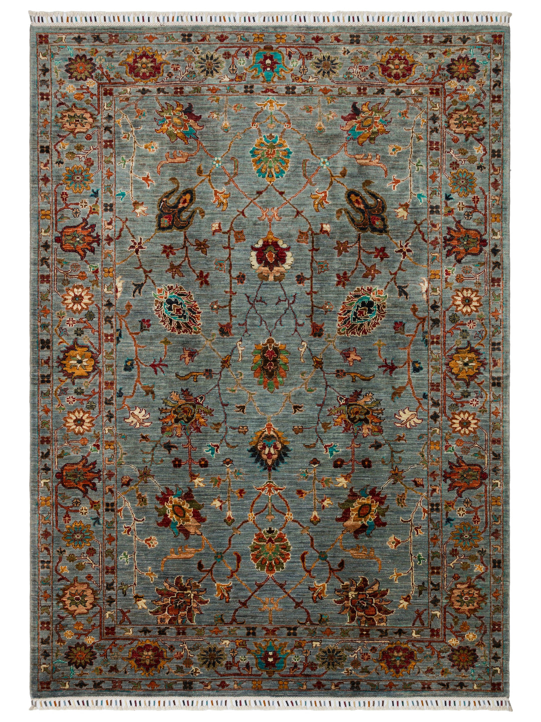 El dokuma Afgan halı gri mavi bitkisel desen 179 x 224 cm kuşbakışı