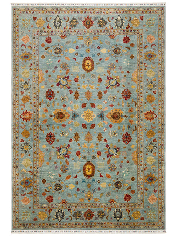 El dokuma Afgan halı açık petrol mavisi Şah Abbas palmet rozet kuşbakışı 245x351 cm