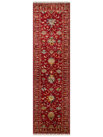 El dokuma Afgan halı kırmızı vazolu ağaç-ı hayat deseni kuşbakışı 85x291 cm