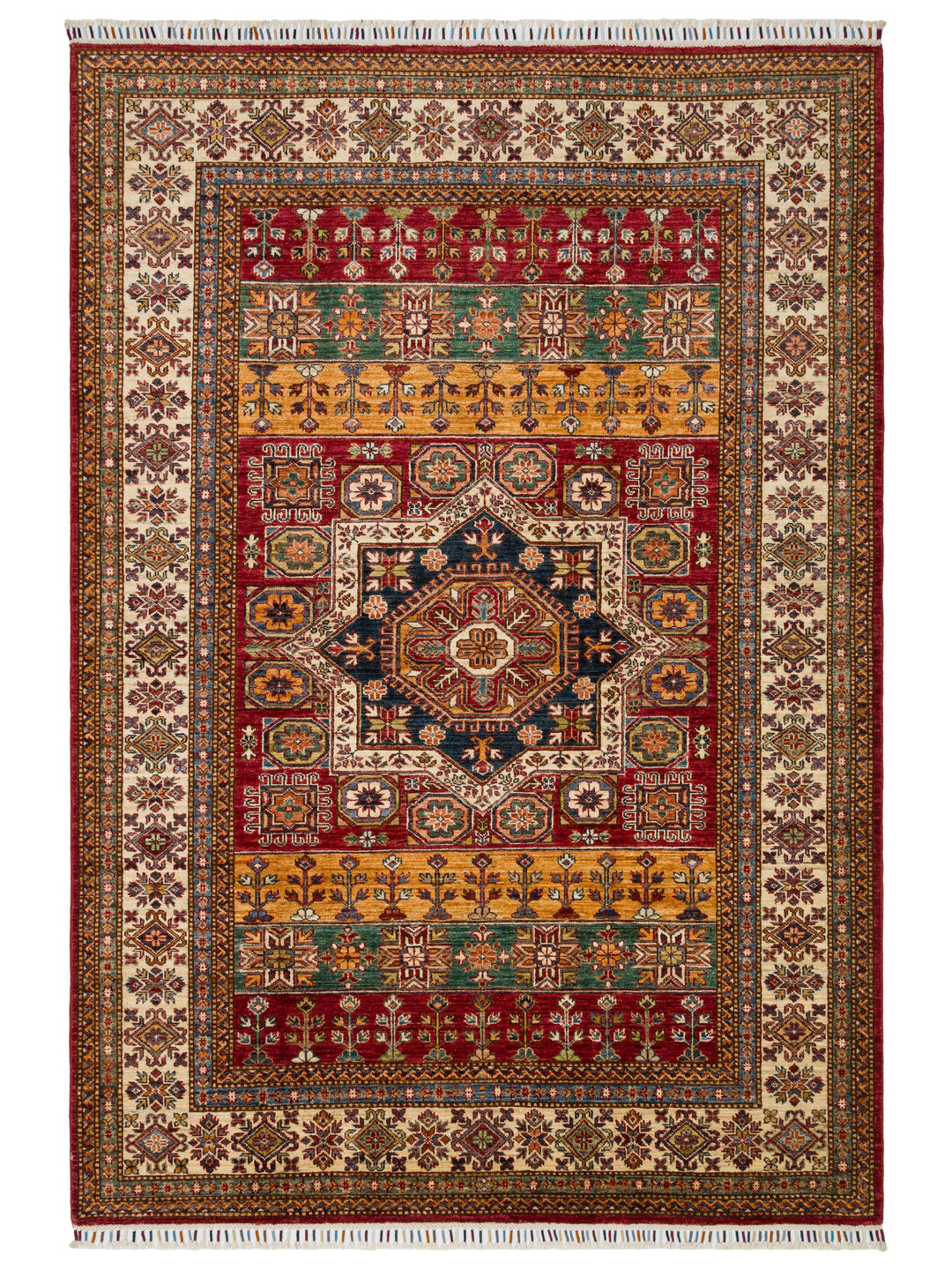 El dokuma Afgan Kazak halı kırmızı geometrik madalyon 171 x 244 cm kuşbakışı