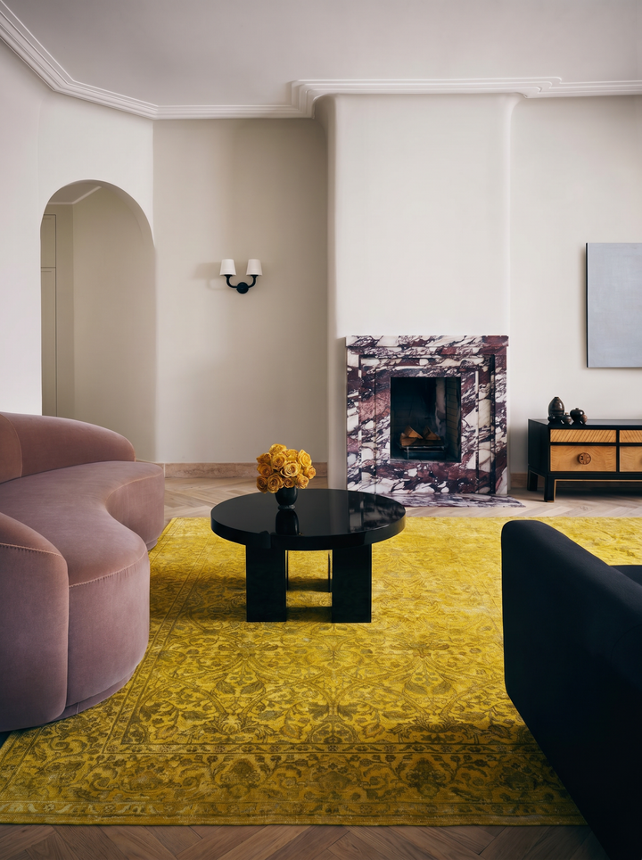 Indischer handgefertigter Teppich Einteilig Wolle und Seide Jaipur Lacuna Modern Overdyed Wohnzimmer Goldgelb