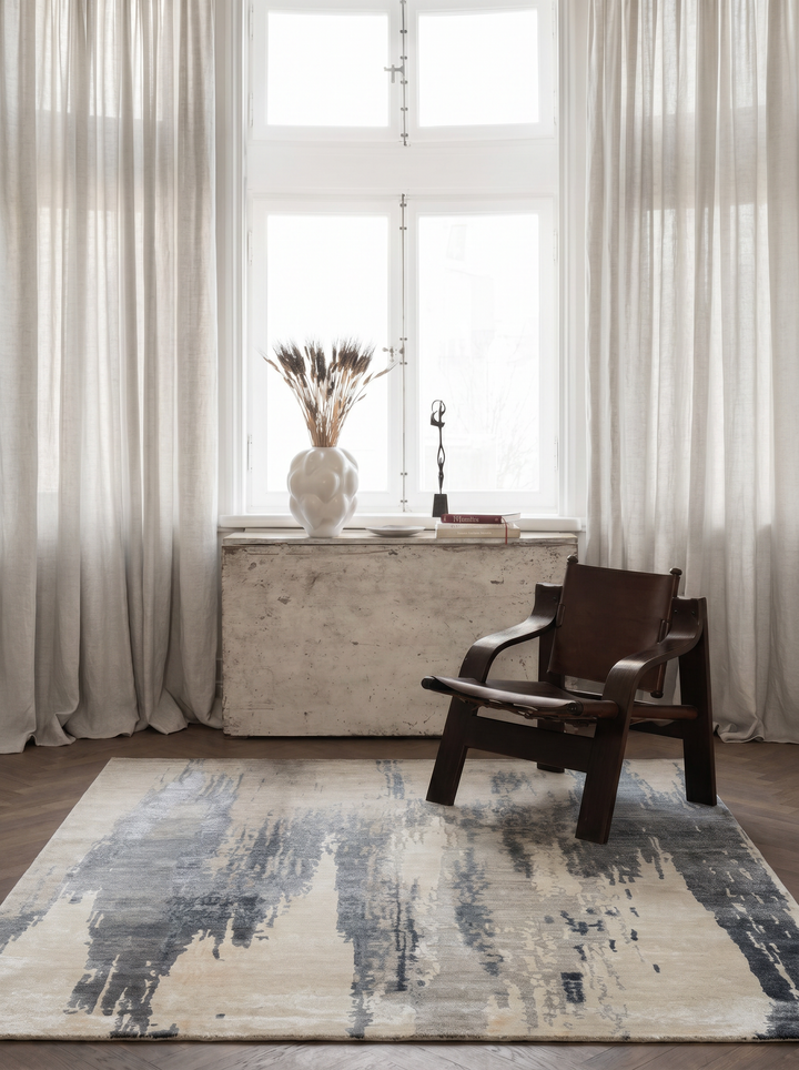 Indischer handgefertigter Teppich Einteilig Wolle und Seide Jaipur Modern Abstraktes Muster Wohnzimmer Cremegrau