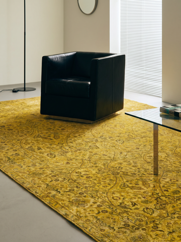 Indischer handgefertigter Teppich Einteilig Wolle und Seide Jaipur Lacuna Modern Overdyed Wohnzimmer Goldgelb