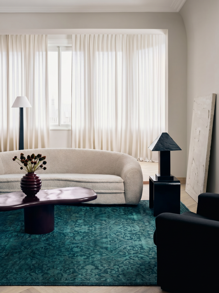 Indischer handgefertigter Teppich Einteilig Wolle und Seide Jaipur Lacuna Modern Overdyed Wohnzimmer Meeresblau