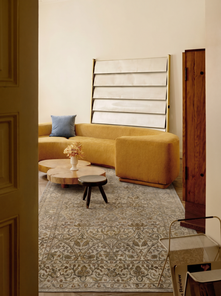 Indischer handgefertigter Teppich Einteilig Wolle und Seide Jaipur Klassisch Arabesk Wohnzimmer Mittelgrau