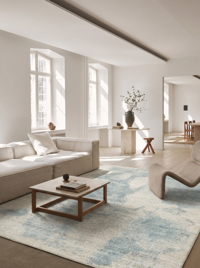 Serie Palette Tappeto Scandinavo Fatto a Mano in 100% Lana Naturale, Viscosa e Cotone per Soggiorno, Salotto BEIGE BLU